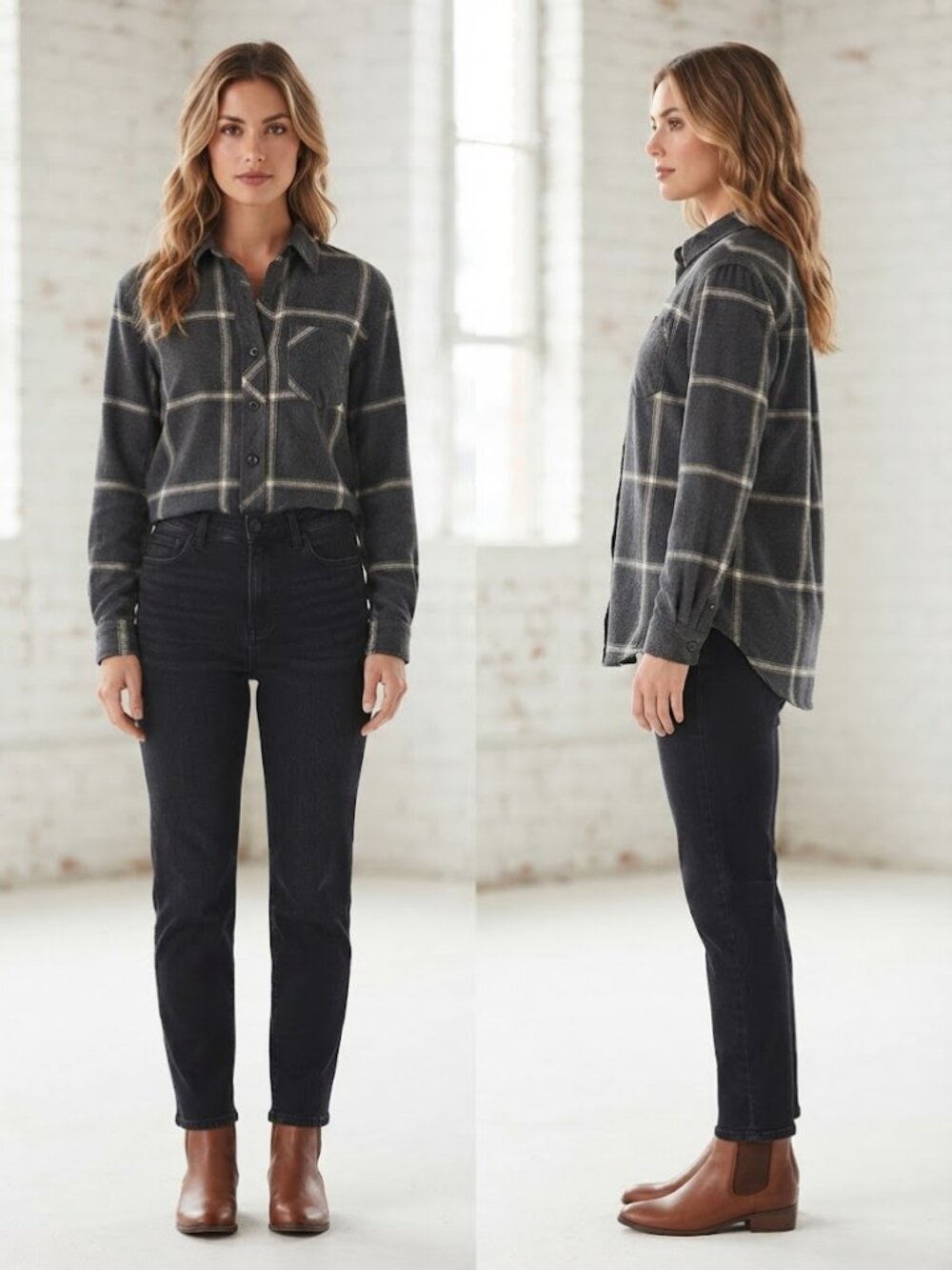Maurices Flannel Grey White Checkered Long Sleeves Women's Polo Shirt - Size XS